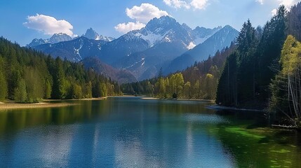 Breathtaking view of Fusine lake with Mangart peak on background. Popular travel destination of Mediterranean sea. Location: Tarvisio comune , spring