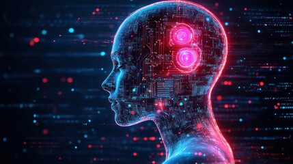 Futuristic Robot Head in Profile with Neon Lights and Circuit Patterns