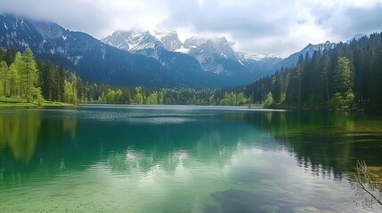 Naklejka premium Breathtaking view of Fusine lake with Mangart peak on background. Popular travel destination of Mediterranean sea. Location: Tarvisio comune , spring