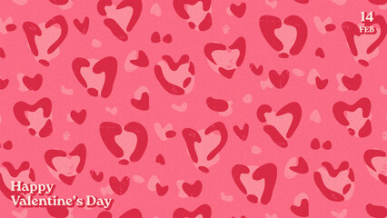 Happy Valentine's Day leopard print background. Modern, trendy banner, cover, greeting card with heart shaped leopard skin pattern and retro grainy texture. Wild life aesthetic, creative love concept. © v1ra