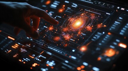 Futuristic Interface: A Hand Interacting with a Holographic Display Showing a Galaxy