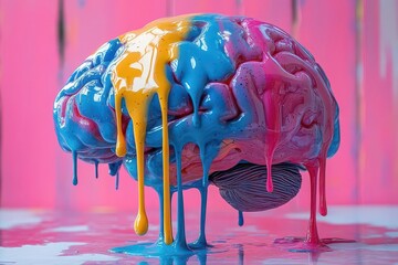 3drendered multicolored brain model melting with vivid drips reflecting creativity and the complexities of psychology against a clean white backdrop