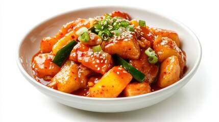 Korean toppoki, stir-fried rice cake with spicy thick sauce, isolated on white background