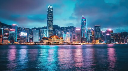 Naklejka premium Stunning Night View of Hong Kong Island Skyline by Victoria Harbour