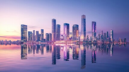 Fototapeta premium Modern City Skyline at Dusk with Reflections on Water Surface
