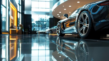 Sleek Modern Sports Car in Luxury Auto Showroom Atmosphere