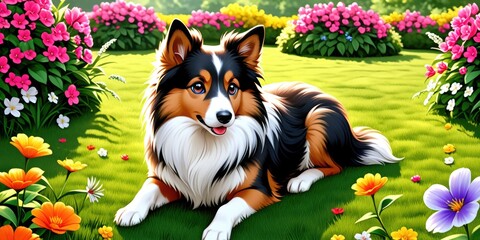 Playful collie dog relaxing in a vibrant flower garden