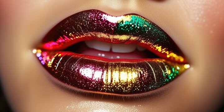 Vibrant metallic rainbow lips with glossy multicolor shine