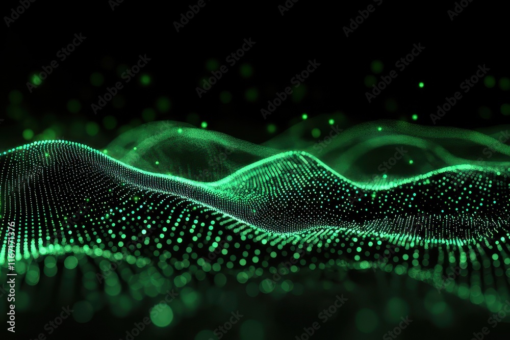 Poster dynamic green wave patterns illuminated with floating particles create a mesmerizing visual experien
