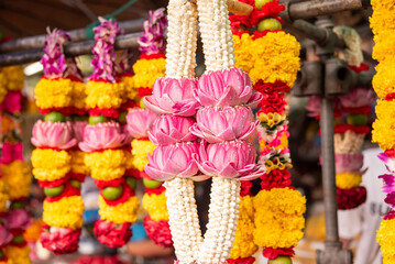 Flower garlands for sale, Buddism religious decorations in Thailand