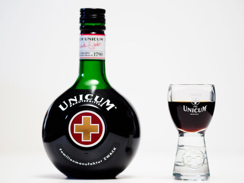 In this photo illustration,  Zwack Unicum Bitter bottle is seen displayed.