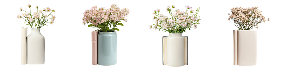Beautiful Floral Bouquet Arrangements in Elegant White and Pastel Ceramic Vases on White Background