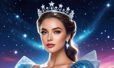Elegant fantasy portrait of a royal woman in sparkling crown amidst starry background