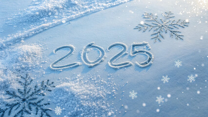 2025 etched in frosty snow surrounded by snowflakes, representing winter, new year, and seasonal celebrations. Ideal for holiday greetings, banners, and winter-themed promotions.