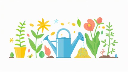 Plant Growth Process Concept: Planting Seeds with Shovel and Watering