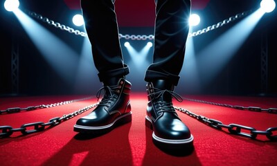 Fototapeta premium Stylish black boots on red carpet in dramatic spotlight setting