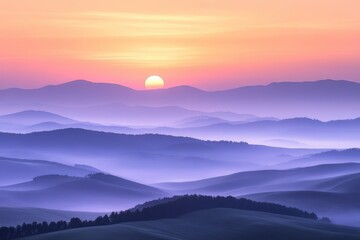 Obraz premium Sunset over rolling hills creates a serene landscape with layers of mist and vibrant colors in the sky. Generative AI