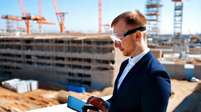 Caucasian male urban planner wearing safety goggles, using a tablet at a construction site under bright sunlight