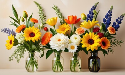 Vibrant floral arrangement with sunflowers, tulips, and delphiniums in glass vases