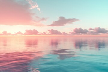 Fototapeta premium Vibrant sunset reflecting on calm ocean waters with clouds in pastel colors over the horizon. Generative AI