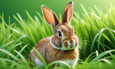 Fototapeta premium Cute baby bunny in lush green grass