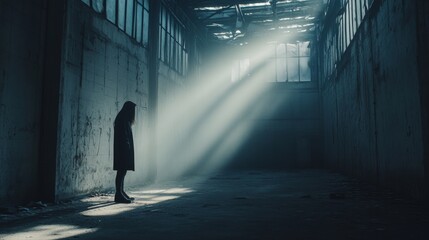 Obraz premium A horizontal industrial warehouse scene, with dim lighting, highlighting the weathered white walls. The cinematic perspective gives a sense of abandonment and open space.