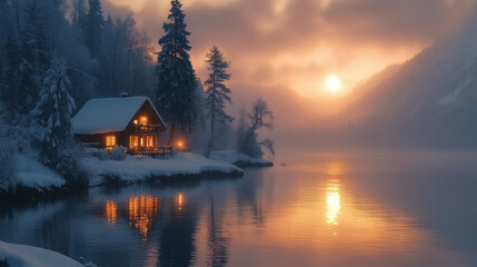 Fototapeta premium Serene Polar Night with Aurora Over Snowy Cottage by Frozen Lake