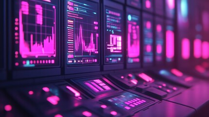 Futuristic Control Panel with Neon Lights and Data Streams