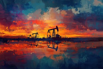 Naklejka premium Silhouette of oil pumps at a colorful sunset.