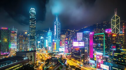 Naklejka premium Vibrant Night Cityscape of Hong Kong with Skyscrapers and Lights