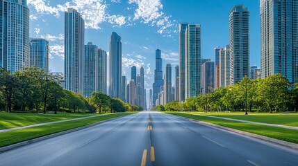 Obraz premium Urban Landscape with Skyscrapers and Clear Blue Sky
