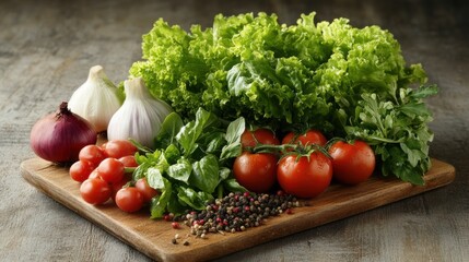 Fresh Herbs and Vegetables on Wooden Cutting Board