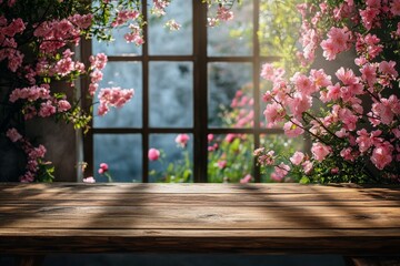 Fototapeta premium Colorful flower display behind rustic wooden table enhances serene atmosphere in vibrant floral arrangement