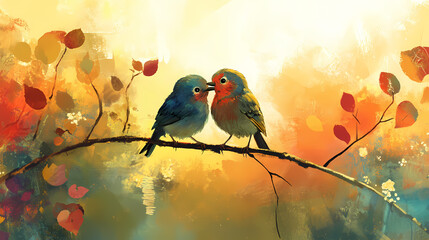 Whispers of endearment on a sunny branch. Whispering. Illustration