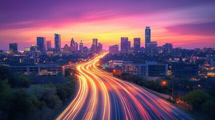 Obraz premium Vibrant City Skyline at Dusk with Dynamic Light Trails
