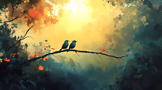 Whispers of endearment on a sunny branch. Whispering. Illustration