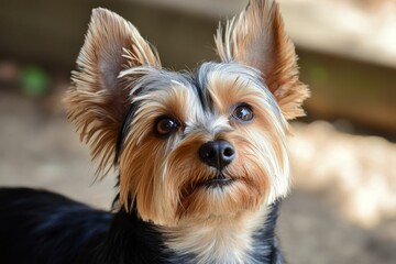 Small, fluffy dog looking attentively upward.