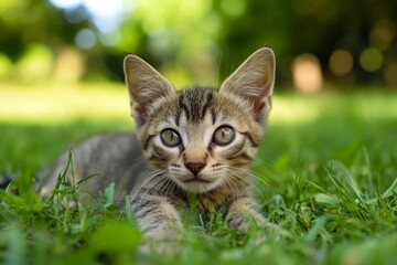 Obraz premium Tabby kitten in green grass, adorable.