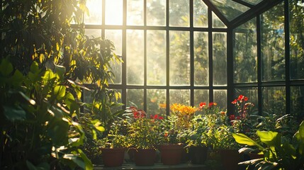 Bright Sunlight Through Glass Greenhouse with Vibrant Plants