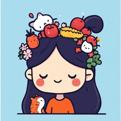 Naklejka premium Cheerful Illustration of a Girl with Colorful Fruits and Cute Animals in Her Hair, Celebrating Nature and Playfulness with a Light Blue Background