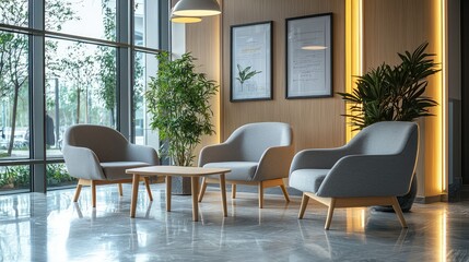 Modern minimalistic lounge with stylish seating and natural light