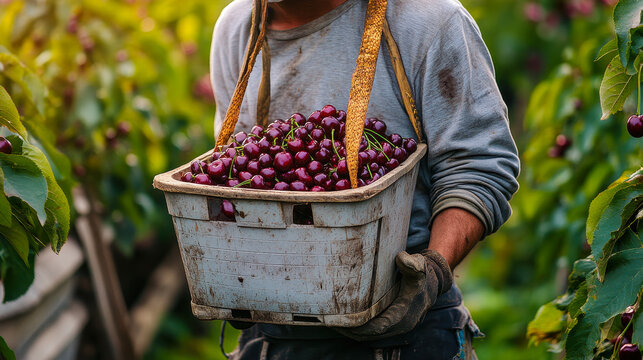 Seasonal Worker Harvesting Organic Sweet Black Lapins Cherries in Orchard