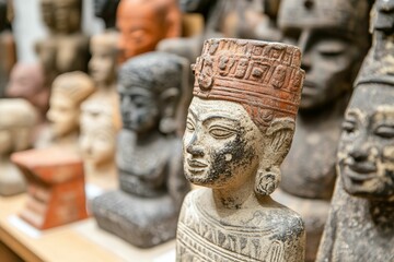 Ancient stone figurines, weathered, displayed.