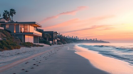 Obraz premium Scenic Beachfront Homes at Sunset Over Serene Ocean Waves
