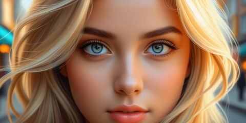 Fototapeta premium Closeup portrait of a young woman with blonde hair and blue eyes in soft light