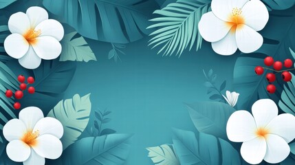 Tropical Floral Frame, Teal Background