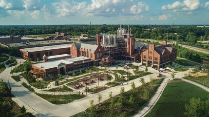 Obraz premium Scenic Aerial View of Modern Brewery with Lush Green Surroundings