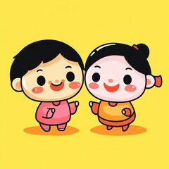 Fototapeta premium Colorful Cartoon Children Smiling Together on Bright Yellow Background, Cute Characters Representing Joy, Friendship, and Playfulness in Vector Style