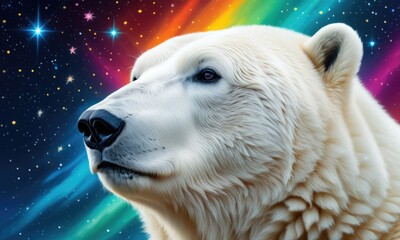 Majestic polar bear with vibrant northern lights and starry sky