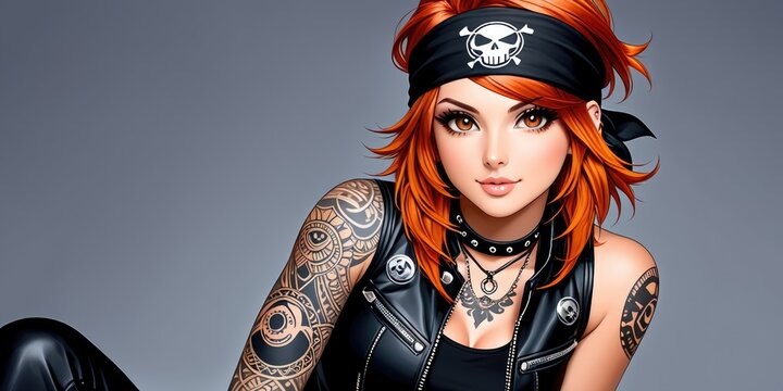 Tattooed redhead in black vest and bandana with pirate skull design